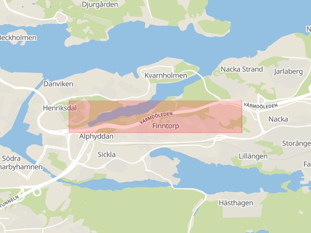 Karta som med röd fyrkant ramar in Värmdöleden, Stockholm, Sickla, Nacka, Stockholms län