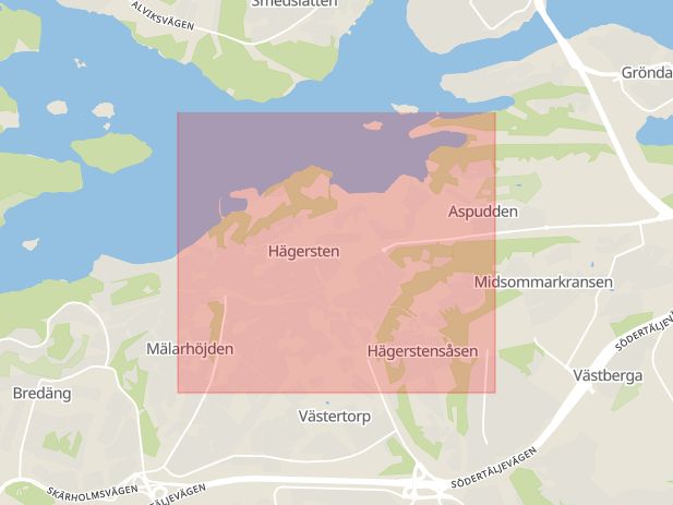 Karta som med röd fyrkant ramar in Hägersten, Stockholm, Stockholms län