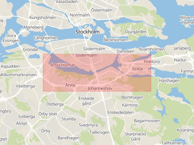 Karta som med röd fyrkant ramar in Årstatunneln, Essingeleden, Stockholm, Stockholms län