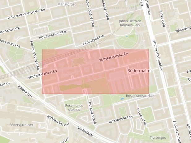 Karta som med röd fyrkant ramar in Södermalm, Magnus Ladulåsgatan, Stockholm, Stockholms län