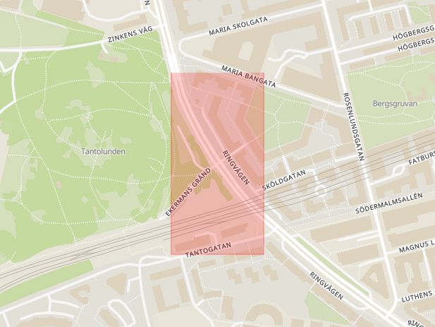 Karta som med röd fyrkant ramar in Södermalm, Ringvägen, Ekermans Gränd, Stockholm, Stockholms län