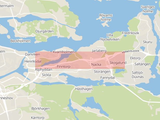 Karta som med röd fyrkant ramar in Värmdöleden, Finntorp, Nacka, Stockholms län