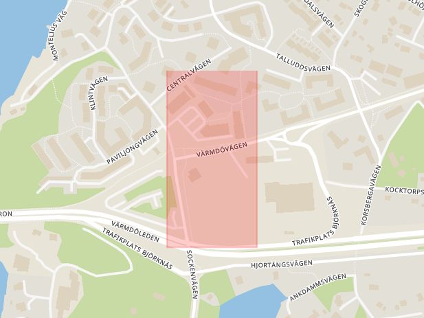 Karta som med röd fyrkant ramar in Björknäs Centrum, Nacka, Stockholms län