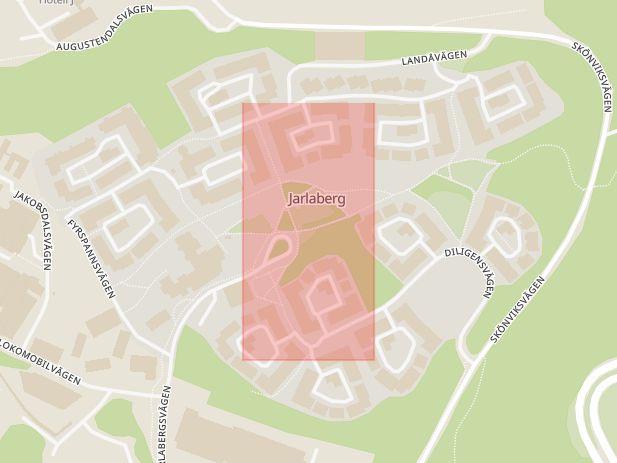 Karta som med röd fyrkant ramar in Jarlaberg, Trafikplats Nacka, Nacka, Stockholms län