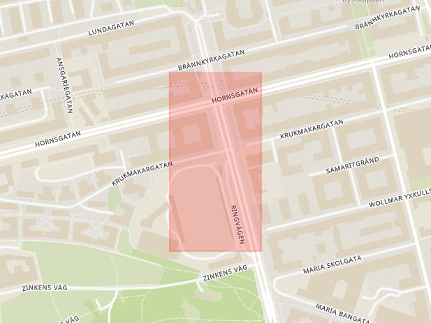 Karta som med röd fyrkant ramar in Ringvägen, Södermalm, Zinkensdamm, Stockholm, Stockholms län