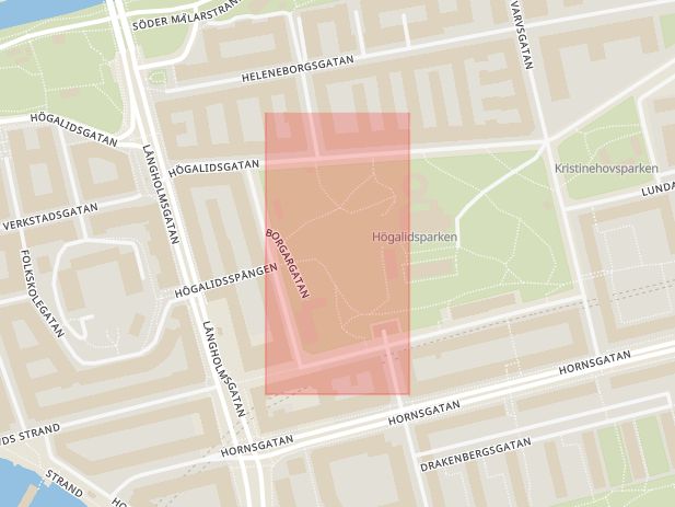 Karta som med röd fyrkant ramar in Hornstull, Högalidsparken, Stockholm, Stockholms län