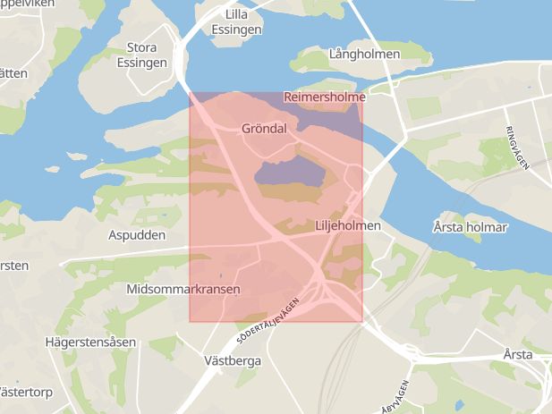 Karta som med röd fyrkant ramar in Essingeleden, Liljeholmen, Midsommarkransen, Stockholm, Stockholms län