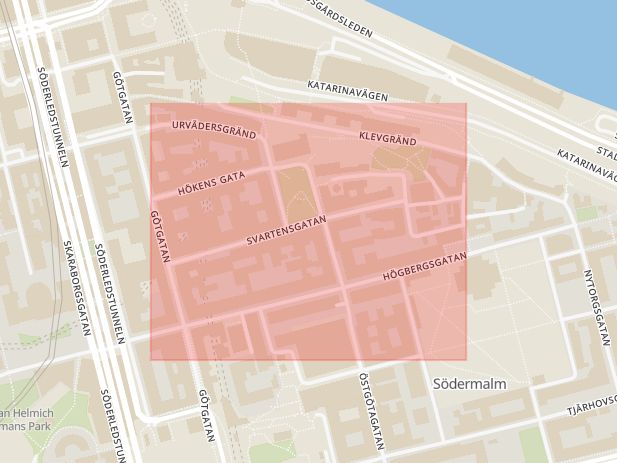 Karta som med röd fyrkant ramar in Södermalm, Svartensgatan, Stockholm, Stockholms län