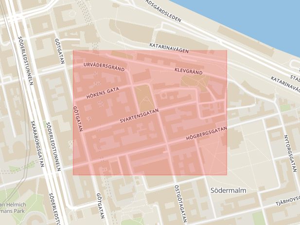 Karta som med röd fyrkant ramar in Gamla Stan, Svartensgatan, Stockholm, Stockholms län