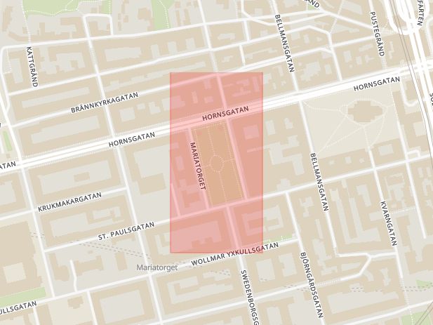 Karta som med röd fyrkant ramar in Södermalm, Swedenborgsgatan, Mariatorget, Stockholm, Stockholms län