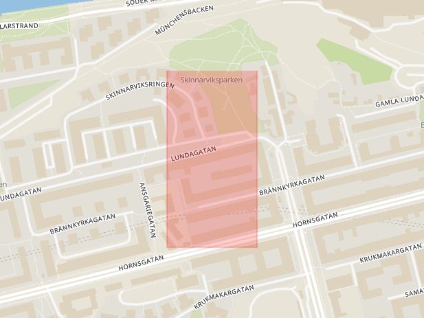 Karta som med röd fyrkant ramar in Lunda, Avestagatan, Lundagatan, Stockholm, Stockholms län