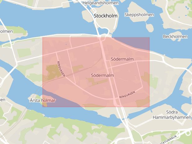 Karta som med röd fyrkant ramar in Södermalm, Ringvägen, Skanstull, Stockholm, Stockholms län