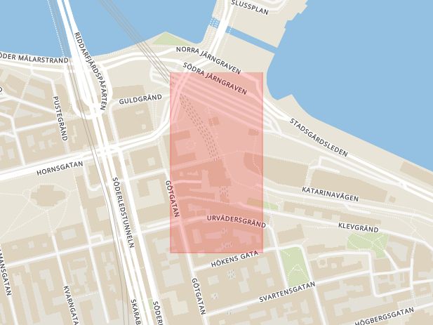 Karta som med röd fyrkant ramar in Slussen, Stockholm, Stockholms län
