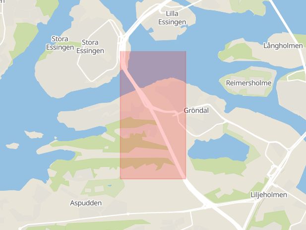 Karta som med röd fyrkant ramar in Trafikplats Gröndal, Essingeleden, Stockholms län