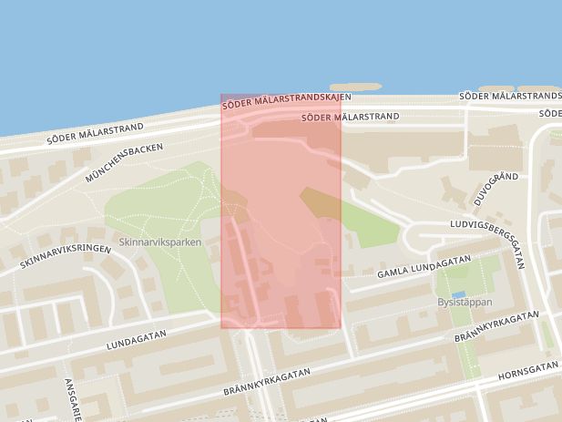 Karta som med röd fyrkant ramar in Skinnarviksberget, Stockholm, Stockholms län