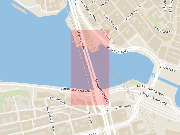 Karta som med röd fyrkant ramar in Centralbron, Söder Mälarstrand, Stockholm, Stockholms län