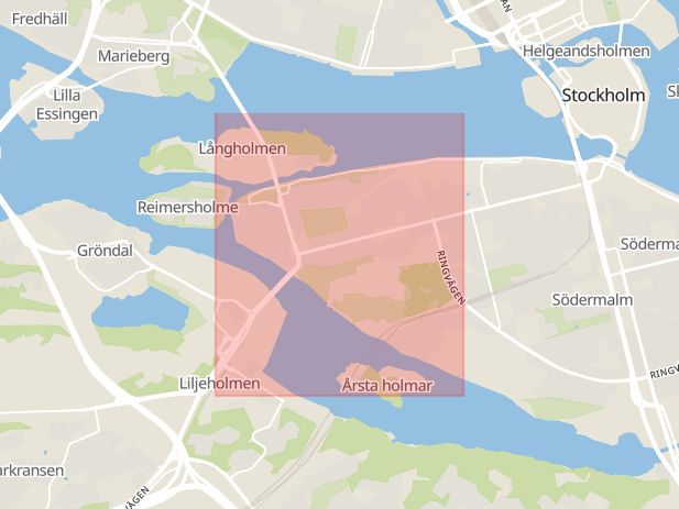 Karta som med röd fyrkant ramar in Södermalm, Hornstull, Stockholm, Stockholms län
