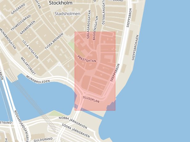 Karta som med röd fyrkant ramar in Gamla Stan, Trångsund, Huddinge Kommun, Järntorget, Södermalm, Stockholms län