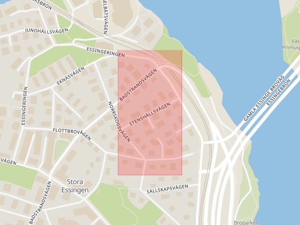 Karta som med röd fyrkant ramar in Essingeringen, Stenshällsvägen, Stockholm, Stockholms län