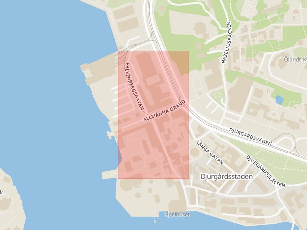 Karta som med röd fyrkant ramar in Djurgården, Allmänna Gränd, Stockholm, Stockholms län