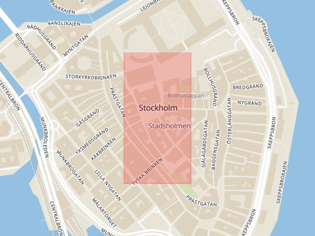 Karta som med röd fyrkant ramar in Gamla Stan, Stora Nygatan, Stortorget, Gågata, Stockholm, Stockholms län