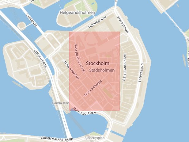 Karta som med röd fyrkant ramar in Gamla Stan, Västerlånggatan, Stockholm, Stockholms län