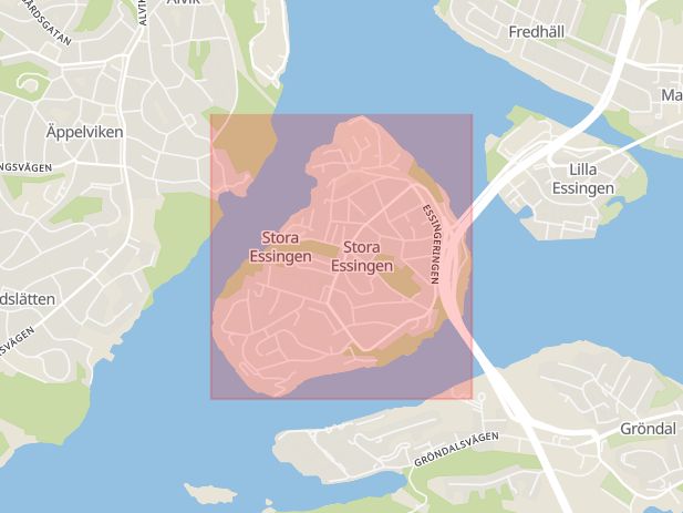 Karta som med röd fyrkant ramar in Stockholms Ström, Gamla Stan, Sund, Huvudstabron, Hornsberg, Stora Essingen, Stockholms län