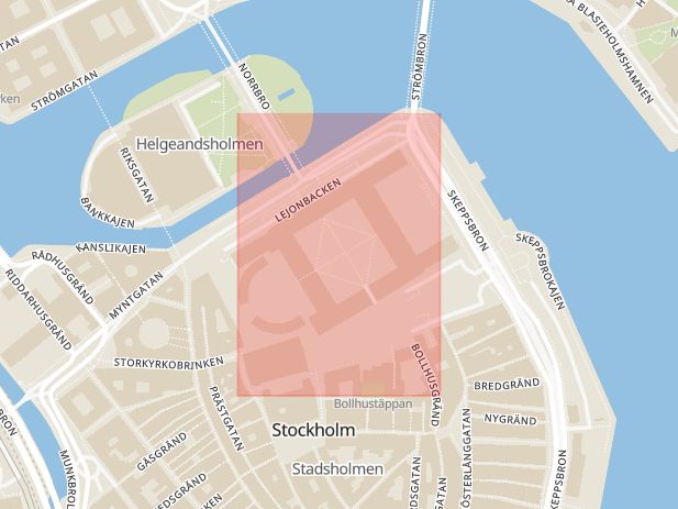 Karta som med röd fyrkant ramar in Kungliga Slottet, Riksdagshuset, Stockholm, Stockholms län