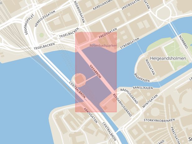 Karta som med röd fyrkant ramar in Centralbron, Vasabron, Stockholm, Stockholms län