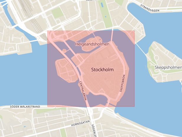 Karta som med röd fyrkant ramar in Gamla Stan, Ropsten, Djurgårdsstaden, Norsborg, Stockholm, Stockholms län