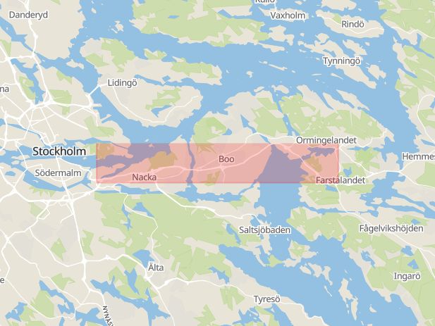 Karta som med röd fyrkant ramar in Kilsbron, Värmdöleden, Nacka, Stockholms län