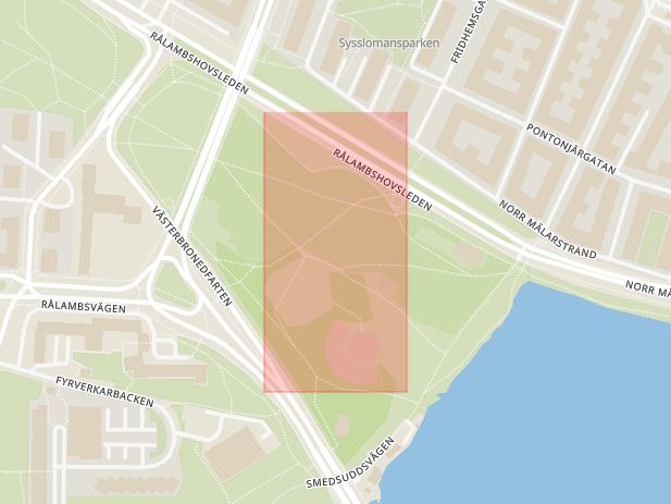 Karta som med röd fyrkant ramar in Kungsholmen, Rålambshovsparken, Stockholms län