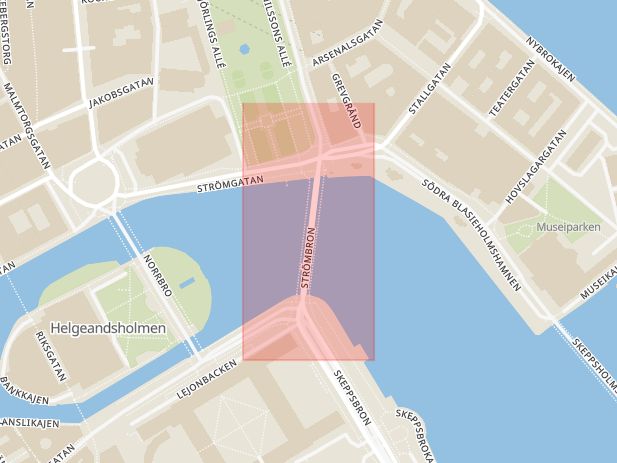 Karta som med röd fyrkant ramar in Strömbron, Stockholm, Stockholms län
