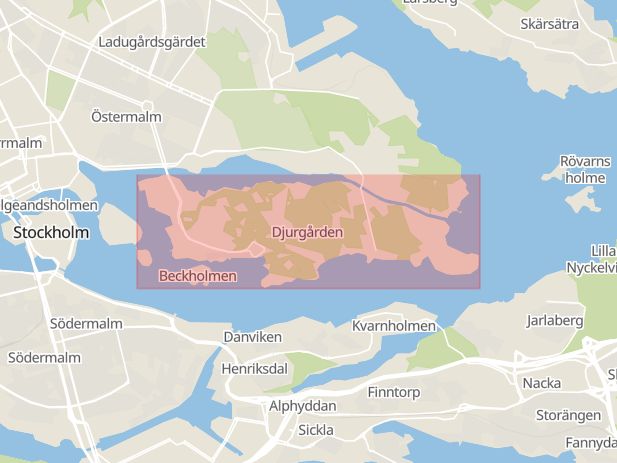 Karta som med röd fyrkant ramar in Djurgården, Östermalms Stadsdelsområde, Stockholms län