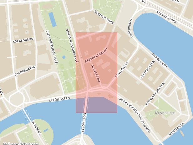 Karta som med röd fyrkant ramar in Grevgränd, Stockholm, Stockholms län