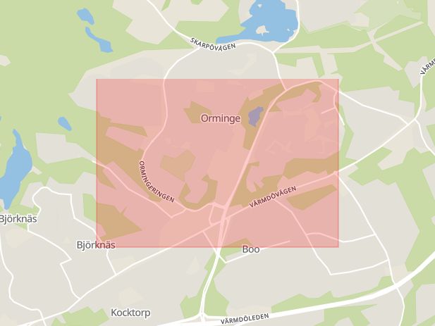 Karta som med röd fyrkant ramar in Trafikplats Orminge, Värmdö, Stockholms län