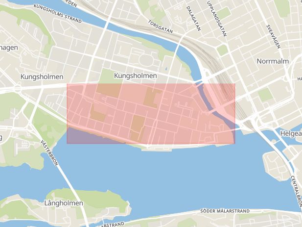 Karta som med röd fyrkant ramar in Kungsholmen, Hantverkargatan, Stockholm, Stockholms län