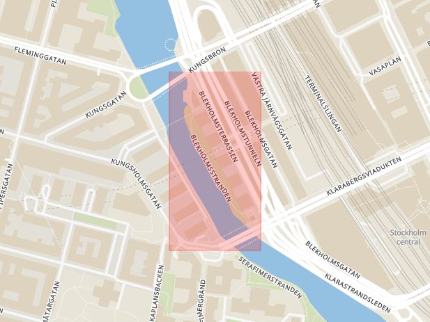 Karta som med röd fyrkant ramar in Blekholmsstranden, Stockholm, Stockholms län