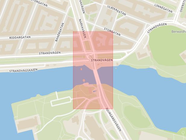 Karta som med röd fyrkant ramar in Djurgårdsbron, Stockholm, Stockholms län
