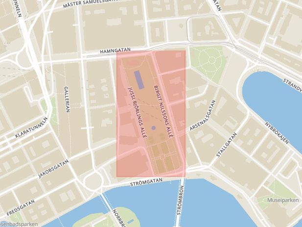 Karta som med röd fyrkant ramar in Kungsträdgården, Berzelii Park, Stockholm, Stockholms län