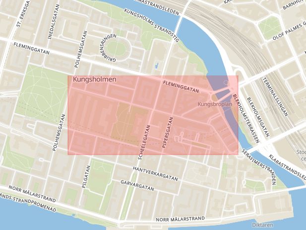 Karta som med röd fyrkant ramar in Kungsholmen, Kungsholmsgatan, Stockholm, Stockholms län