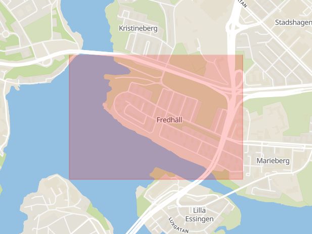 Karta som med röd fyrkant ramar in Fredhäll, Stockholm, Stockholms län