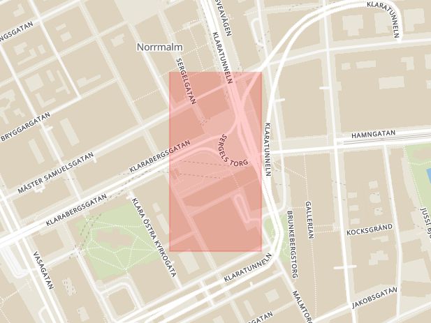 Karta som med röd fyrkant ramar in Sergels Torg, Norrmalm, Stockholm, Stockholms län