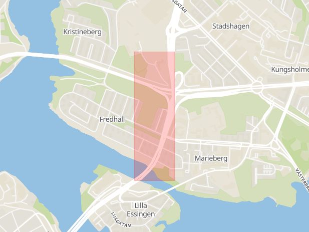 Karta som med röd fyrkant ramar in Essingeleden, Fredhäll, Ving, Stockholm, Stockholms län
