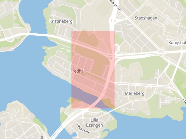 Karta som med röd fyrkant ramar in Essingeleden, Fredhäll, Stockholm, Stockholms län