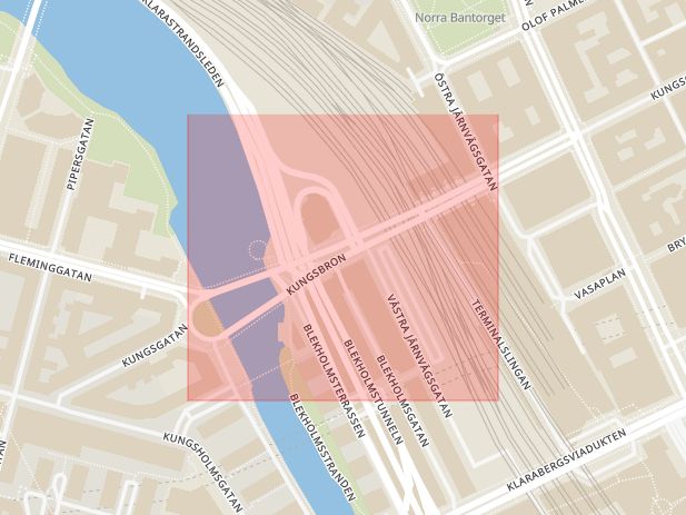 Karta som med röd fyrkant ramar in Kungsholmen, Kungsbron, Stockholm, Stockholms län