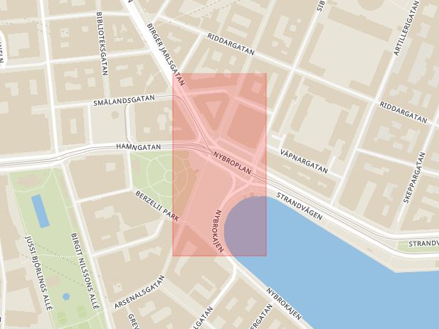 Karta som med röd fyrkant ramar in Nybroplan, Stockholm, Stockholms län
