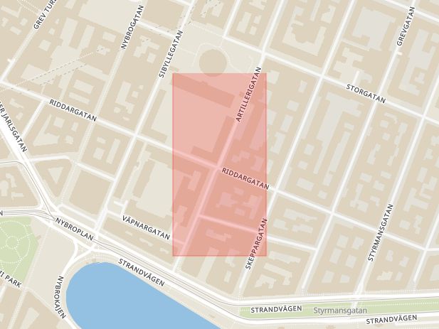Karta som med röd fyrkant ramar in Östermalm, Artillerigatan, Riddargatan, Strandvägen, Stockholm, Stockholms län