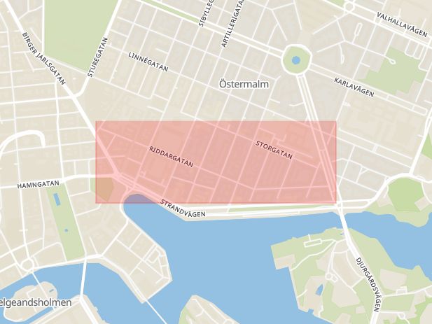 Karta som med röd fyrkant ramar in Riddargatan, Stockholm, Stockholms län