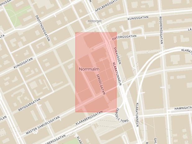 Karta som med röd fyrkant ramar in Sergelgatan, Norrmalm, Stockholm, Stockholms län